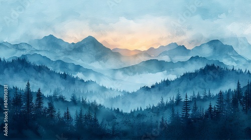 Beautiful watercolor background with beautiful cold hues. Beautiful simple watercolor painting of mountains at dusk. Generated AI.