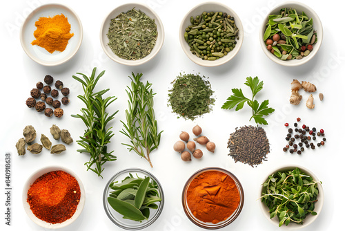 Assortment of various spices and herbs in small bowls on a white background