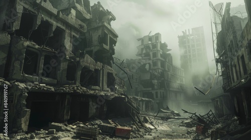 Destroyed city after the war. Dramatic scene of the bombed out city. Human suffering and war