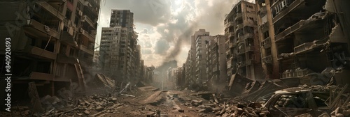 Destroyed city after the war. Dramatic scene of the bombed out city. Human suffering and war