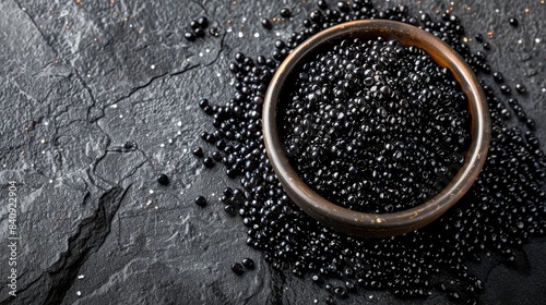 A ceramic bowl filled with black caviar rests on a dark textured surface, with grains scattered around