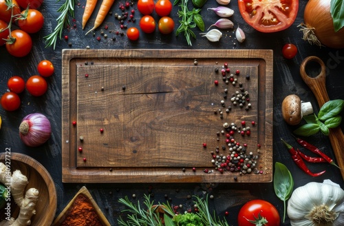Fresh Produce and Herbs Arranged Around a Wooden Cutting Board