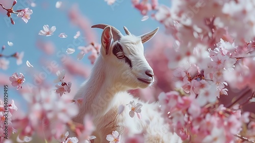 A picturesque moment unfolds as baby goats romp around a cherry tree, painting the air with petals in their playful dance