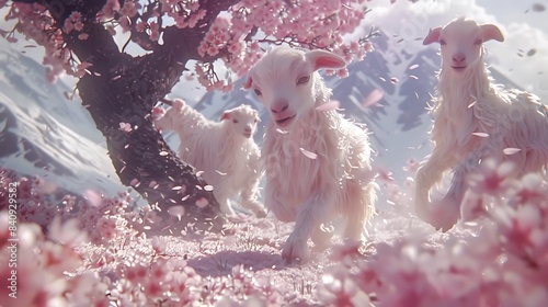 A picturesque moment unfolds as baby goats romp around a cherry tree, painting the air with petals in their playful dance