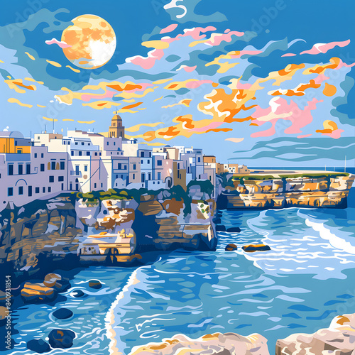 cityscape of polignano a mare beach, puglia region, italy, europe. seascape of adriatic sea isolated on white background, pop-art, png