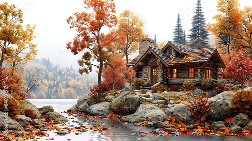 cozy autumn scene with colorful leaves and a rustic cabin cut out on an isolated minimalistic background