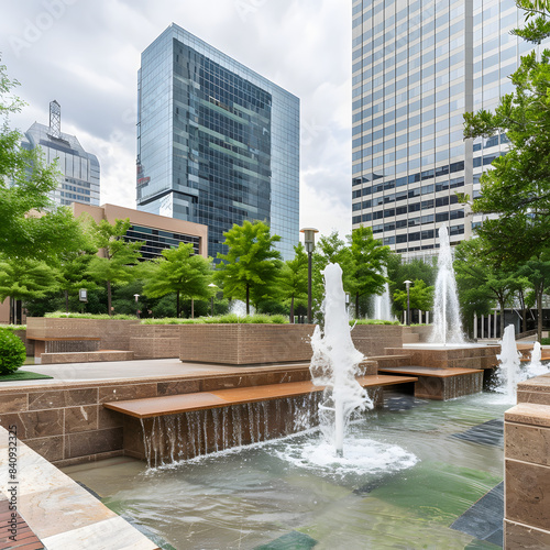 modern commercial buildings and the nancy best fountain in dallas downtown. view from klyde warren park in texas, usa isolated on white background, detailed, png
