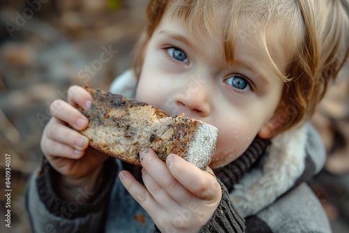 The child is eating spoiled bread with mold