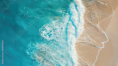 Aerial view of a pristine beach with turquoise waves gently lapping against the shore