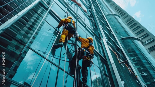 Construction crew installing windows on a high-rise building, working at height with safety harnesses