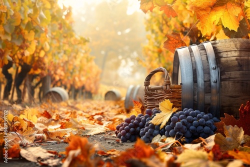 A vineyard with grapes on the leaves, showcasing natural beauty and agriculture