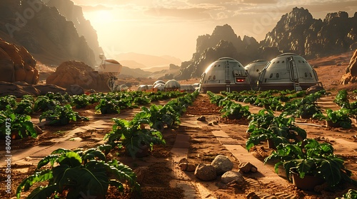 Martian colony with terraformed gardens where settlers grow crops in controlled environments to sustain the population