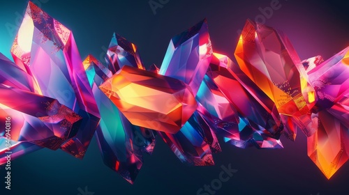 On a black background, brightly colored crystals float in the air