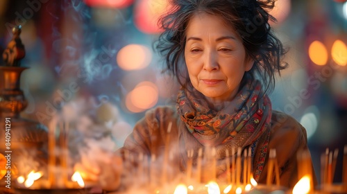 middleaged woman lighting incense at a Chinese New Year temple visit