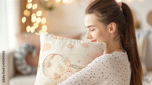 Illustration on a pillow, depicting a peacefully sleeping child, held by a mother s hands, symbolizing motherhood and family love. Cute baby print