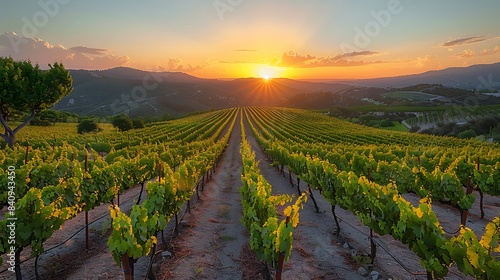 picturesque vineyard at sunset with rows of grapevines stretching into the distance cut out on an isolated minimalistic background