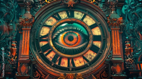 On the clock face there is a blue eye