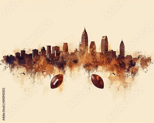 Abstract Watercolor Cityscape with Football Eyes: Unique Art Piece Combining Cleveland Skyline and Sports Element in Vibrant Colors
