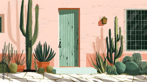 A painting of a courtyard with plants and a door