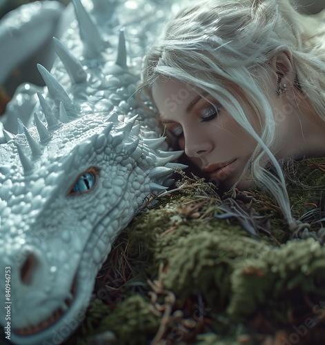 She is lying on the ground next to a wolf