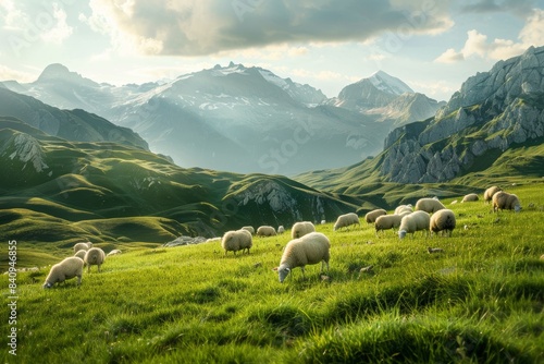 In the mountains, sheep graze on a green field