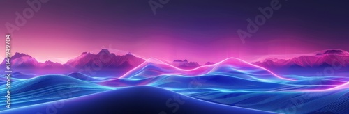 The dreamlike landscape is set against an abstract panoramic background with glowing neon lines in motion as the sky turns golden in the sunset. The concept is floating energy.