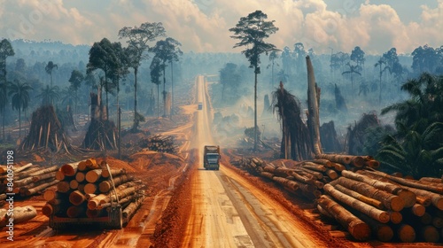 Truck driving through forest on dirt road surrounded by trees and logs in rural area