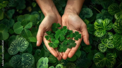 Hands Holding Lucky Four Leaf Clover for Good Luck and Fortune
