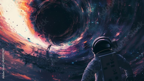 A space scene with a man in a spacesuit standing in front of a black hole, space-time portal