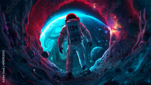 A man in a spacesuit is walking through a tunnel in space, space-time portal