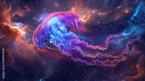 A colorful jellyfish is floating in space