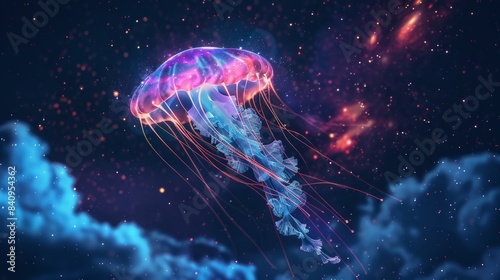 A colorful jellyfish is floating in the sky above a cloudy background