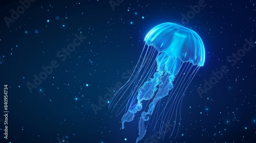 A blue jellyfish is floating in the dark blue sky