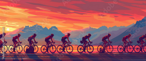 A cyclist riding their bike on the road, illustration with flat vintage design style