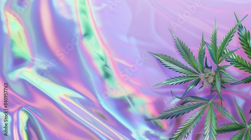 A purple background with a green leaf on it, hemp or cannabis medical CBD concept