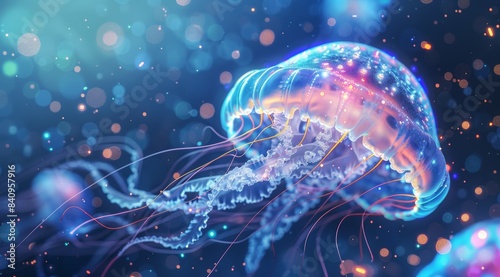 A jellyfish is floating in the water with a blue and orange glow