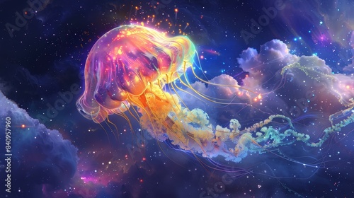 A colorful jellyfish is floating in the sky above a starry background