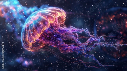 A jellyfish with a purple, orange and blue tail is floating in space