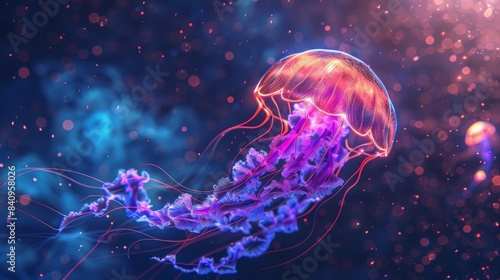 A jellyfish with a purple and red body is floating in the sky