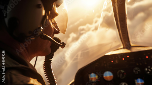Pilot airborne above clouds, headset, aircraft cockpit window. Aviation, commercial, aviator.
