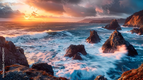 A serene coastal scene with waves crashing against rocky cliffs under a dramatic sunset