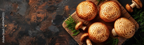 Forest Mushroom Bounty: Dark Food Photography of Boletus Edulis, King Bolete, Penny Bun, Cep Porcini Mushroom, and Fern on Wooden Cutting Board