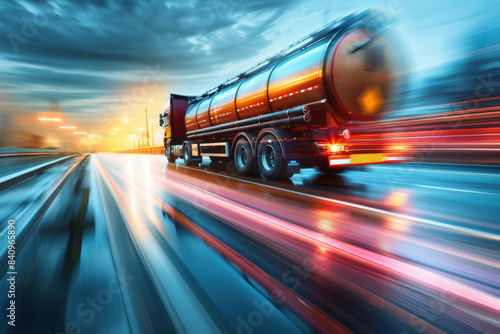 A tanker truck speeds along a highway at night, with motion blur capturing its fast movement and vibrant lights.
