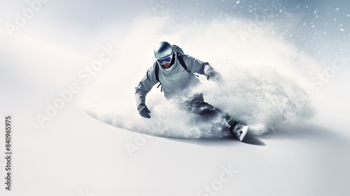 A snowboarder carving through fresh powder on a snowy slope, showcasing speed and precision on a bright winter day.