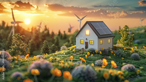 A small house with solar panels on the roof, surrounded by flowers and wind turbines, showcasing sustainable living and renewable energy.