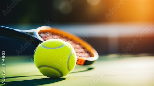 Close-up of a tennis ball and racket on a sunlit court, capturing the essence of the sport in a dynamic and vibrant setting.