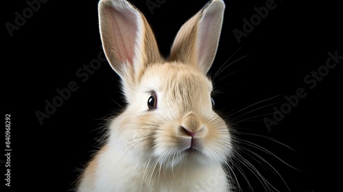 Close-up of an adorable fluffy rabbit against a black background, showcasing its cute ears and gentle expression.