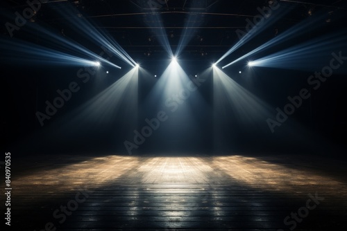 Dimly lit stage with dramatic spotlights creating shadows. Ideal for presentations, performances, or event promotions.