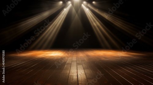 Dramatic stage lit by spotlights, showcasing an empty wooden floor with a dark background, perfect for theater or performance themes.