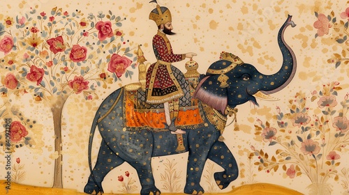 Mughal emperor riding an adorned elephant Indian miniature painting from Udaipur. Illustration for wallpaper